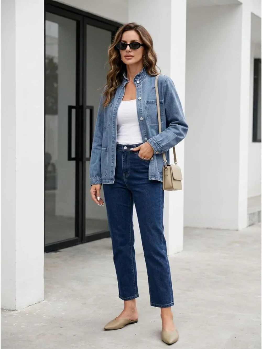 Women's Blue Button Down Ruffle Casual Oversized Cropped Jacket with Pockets